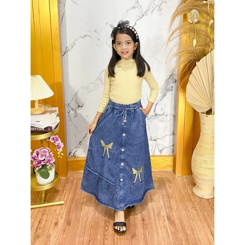 ROK JEANS ANAK PEREMPUAN FASHION MOTIF PITA BORDIR USIA 3-10th ROK PANJANG JEANS SOFT ANAK