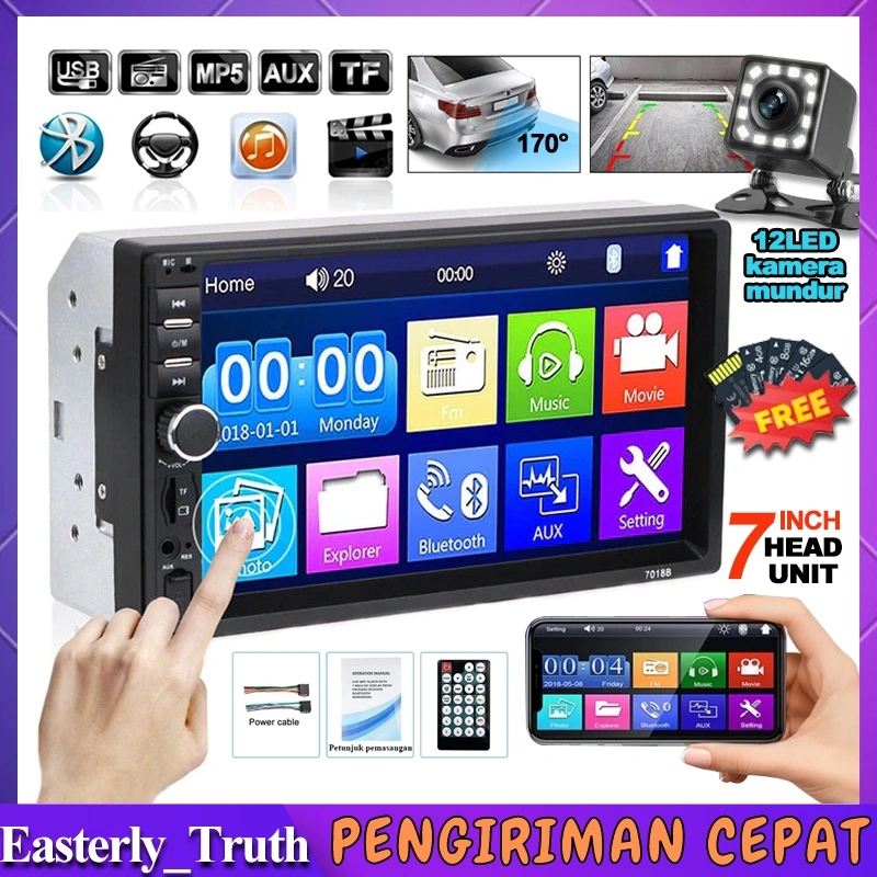 Universal Head Unit 7 Inch Android MP5 Multimedia Player Mirrorlink Double Din Bluetooth Audio Mobil In Touch Screen Radio Dan Kamera Mundur Mobil LED AUX-Input TF USB