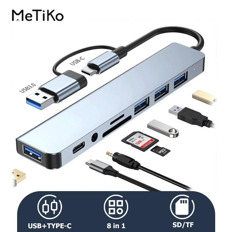 MeTiKo USB 8 In 1 Converter Type C Hub Adapter Multi USB HUB Type-C to USB*4+SD+TF Card Reader+3.5mm Audio Output_st-8in1 Pasang dan mainkan