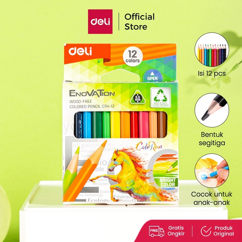 Deli Color Run Color Pencil / Pensil Warna 12 Warna Desain Segitiga Wood-Free EC114