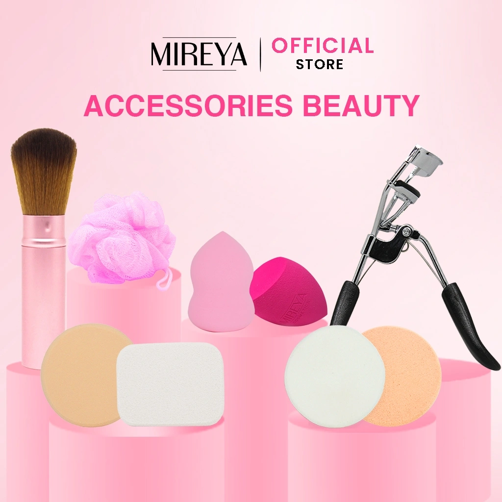 [ NEW ] Mireya Beauty Accessories Make Up - Everyday Brush + Shower Puff + Edgy Blending + Curvy Blending + Eyelash Curly + Sponge Latex Puff + Sponge Call Me Kotak Putih / Bulat Putih