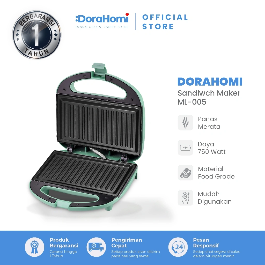 Dorahomi Sandwich Maker 2 Roti - Alat Pemanggang Roti Listrik Anti Lengket