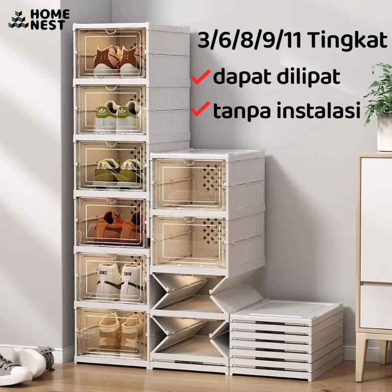 [Tidak Perlu Instalasi] rak Sepatu Susun Tertutup , Kotak Sepatu Transaparan Tempat Serbaguna