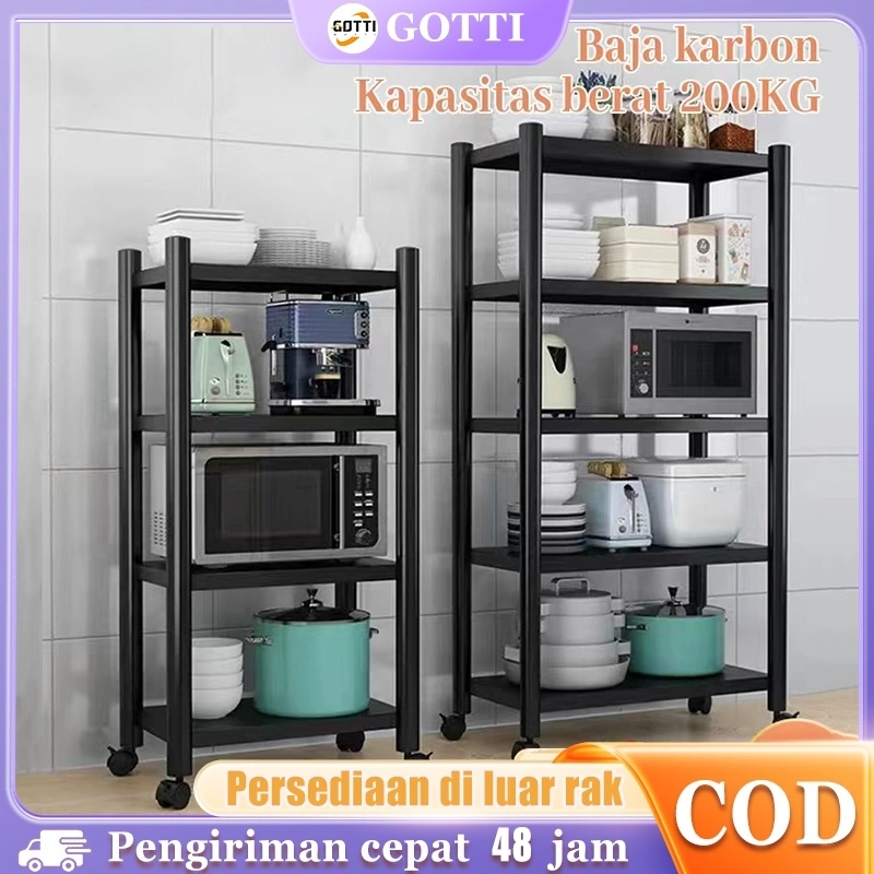 Rak Susun Serbaguna Dapur Stainless Steel Rak Dapur Multi-Lapisan Rak 5 Susun Penyimpanan Microwave Oven Dengan roda