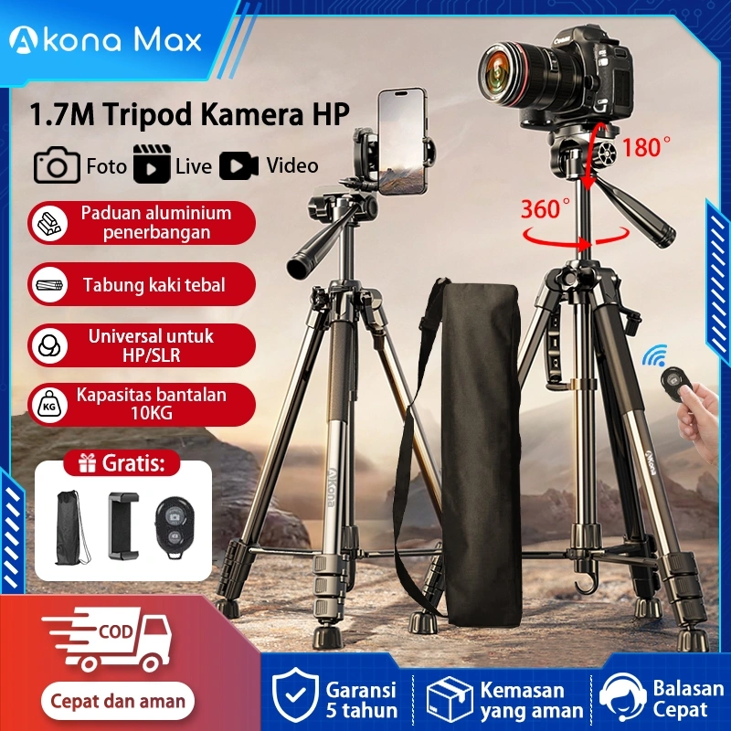 Akona 1.7M Tripod Kamera Handphone Bluetooth Remote Konten Kreator 360° Rotasi Tripod HP Anti Goyang 1/4 Adaptor Free Tas tripod & Klip Ponsel