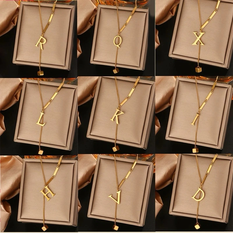 Kalung Titanium Wanita Anti Karat asli Kalung Titanium Gold/Silver Inisial Alphabet Huruf A-Z Cube Anti Karat Korean Style A01-Z26