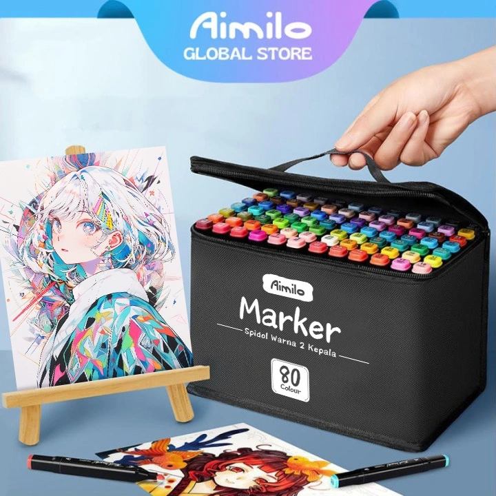 Aimilo Spidol Warna Warni 1 Set Sketch Marker 2 Tip Touch Marker 48/60/80 Warna