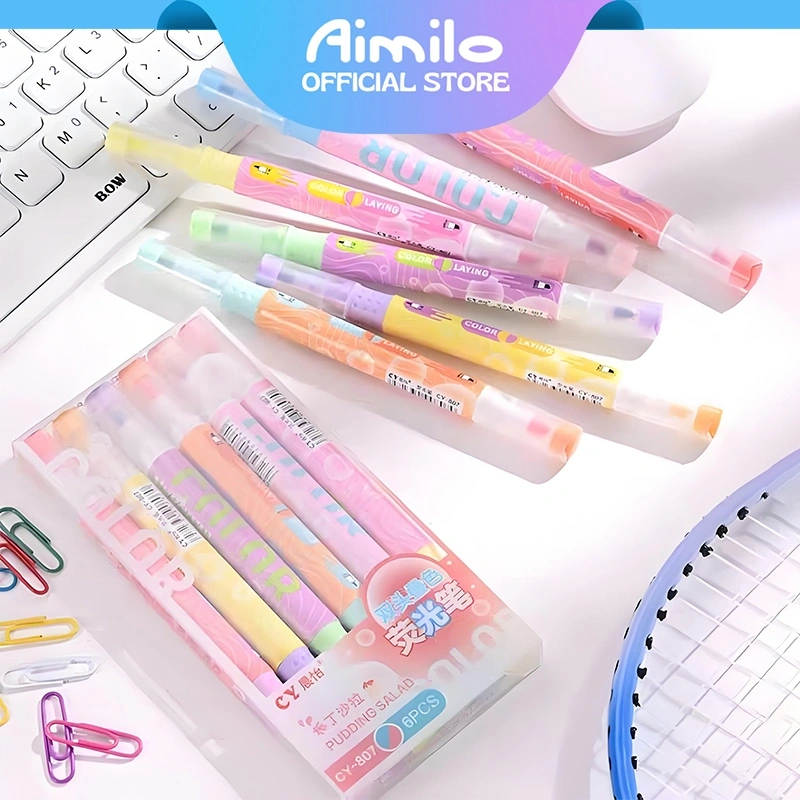 [READY] Aimilo Highlighter Pastel 1 Set Spidol Warna 2 Sisi 6 PCS 12 Warna