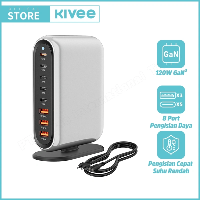 (HOT)KIVEE Stop Kontak Port USB KV-AE130 8-in-1 Charger Type C Fast Charging Multifungsi 120W Asli