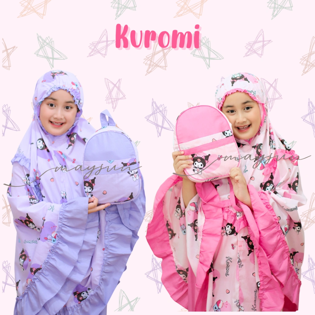 Mukena Anak Karakter 3in1 Kuromi Lilac/Pink Free Tas Ransel Dan Sajadah Muka