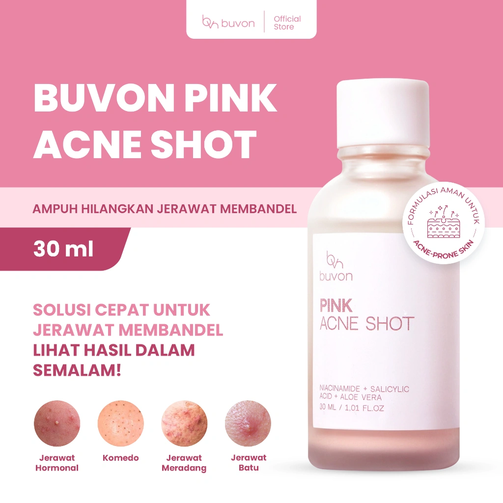 Buvon Pink Acne Shot 30ml – Obat Totol Jerawat Ampuh, Keringkan Jerawat Semalam