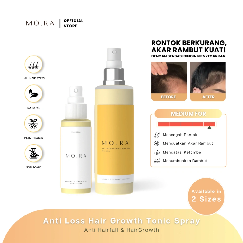 MO.RA ANTI LOSS HAIR GROWTH TONIC SPRAY / VEGAN HAIR TONIC / PENUMBUH RAMBUT / ANTI RONTOK / ANTI KETOMBE / UBAN / MO RA ESSENTIALS / MO.RA / MORA HAIR TONIC / MORA OFFICIAL STORE/ MORA