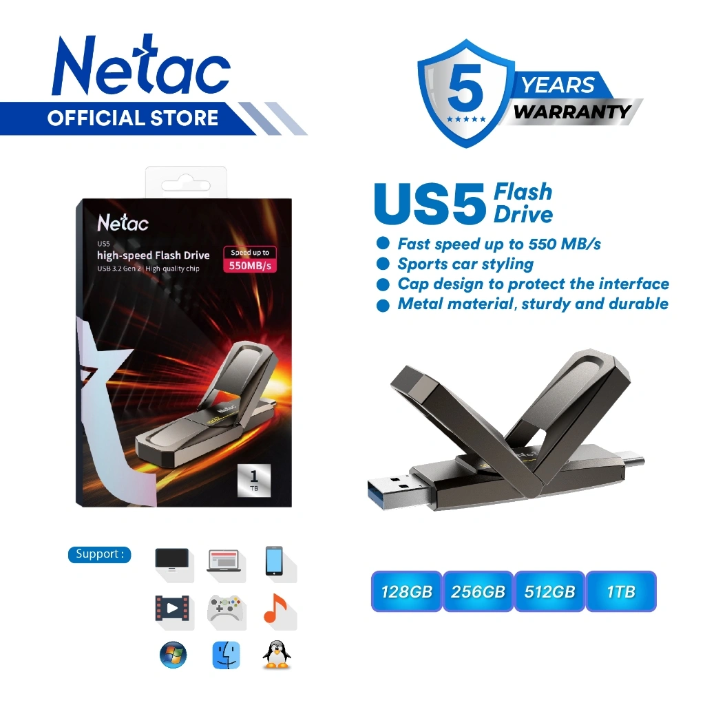 Netac OTG Flashdisk US5 / US9 USB 3.2 + Type C Solid State Flash Drive 128GB/256GB/512GB/1TB Dual Flash Disk Drive up to 550MB/500MB/s