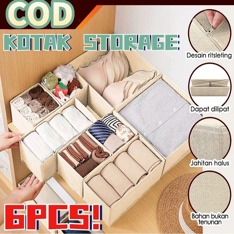 6pcs/1set Storage box / Storage box underwear/Tas Pakaian Dalam & Aksesoris Pakaian Kotak Penyimpanan/ Serbaguna Set 6 Storage Box /Organizer Kain Sekat Lemari /Tempat Penyimpanan