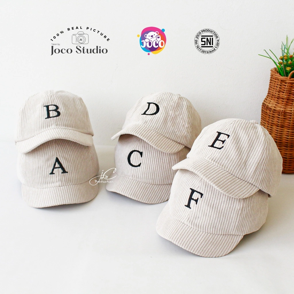 Jocoproduction - Topi Anak Baseball 1 - 3 Tahun Inisial A - Z Kualitas Ekspor Alfabet Cream Corduroy