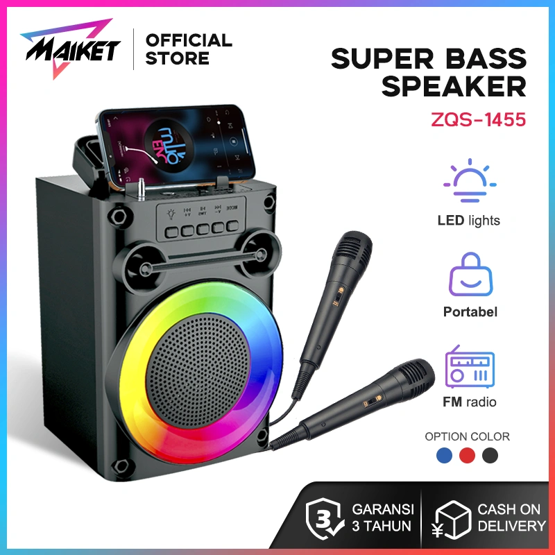 MAIKET Speaker Bluetooth Karaoke 4 Inch 2 Mic Super Bass Protable Salon Aktif BT Hi-Fi ZQS1455