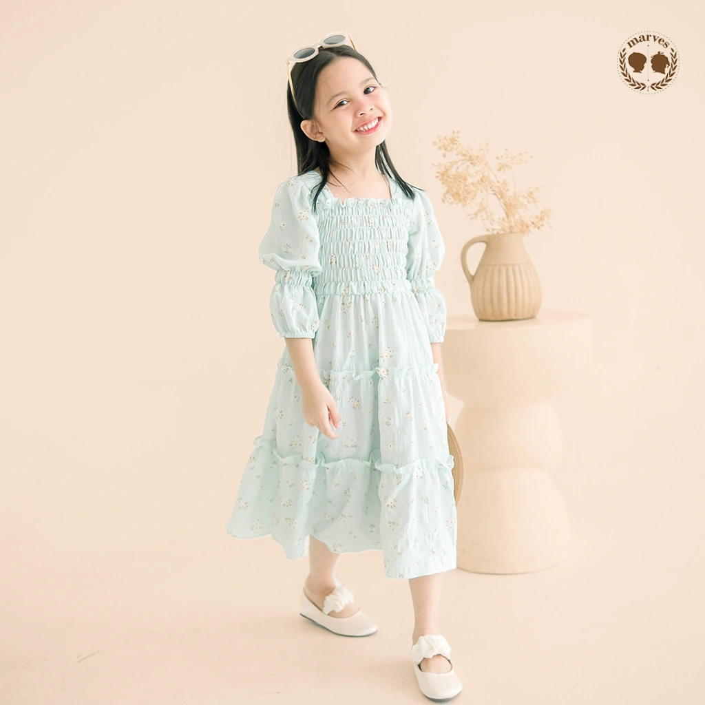 MARVES Shasa Dress Anak Perempuan Korean Style Bahan Crinkle Motif Bunga Usia 2 Hingga 14 Tahun
