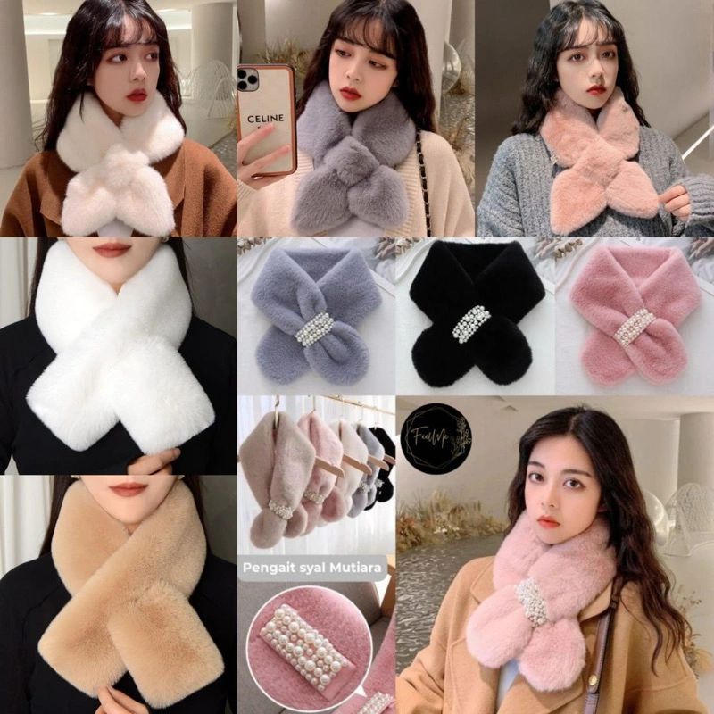 Feelme KK-283 Premium Elegant Fur Bunny Shawl Syal Winter | Syal Bulu Musim Dingin Mutiara