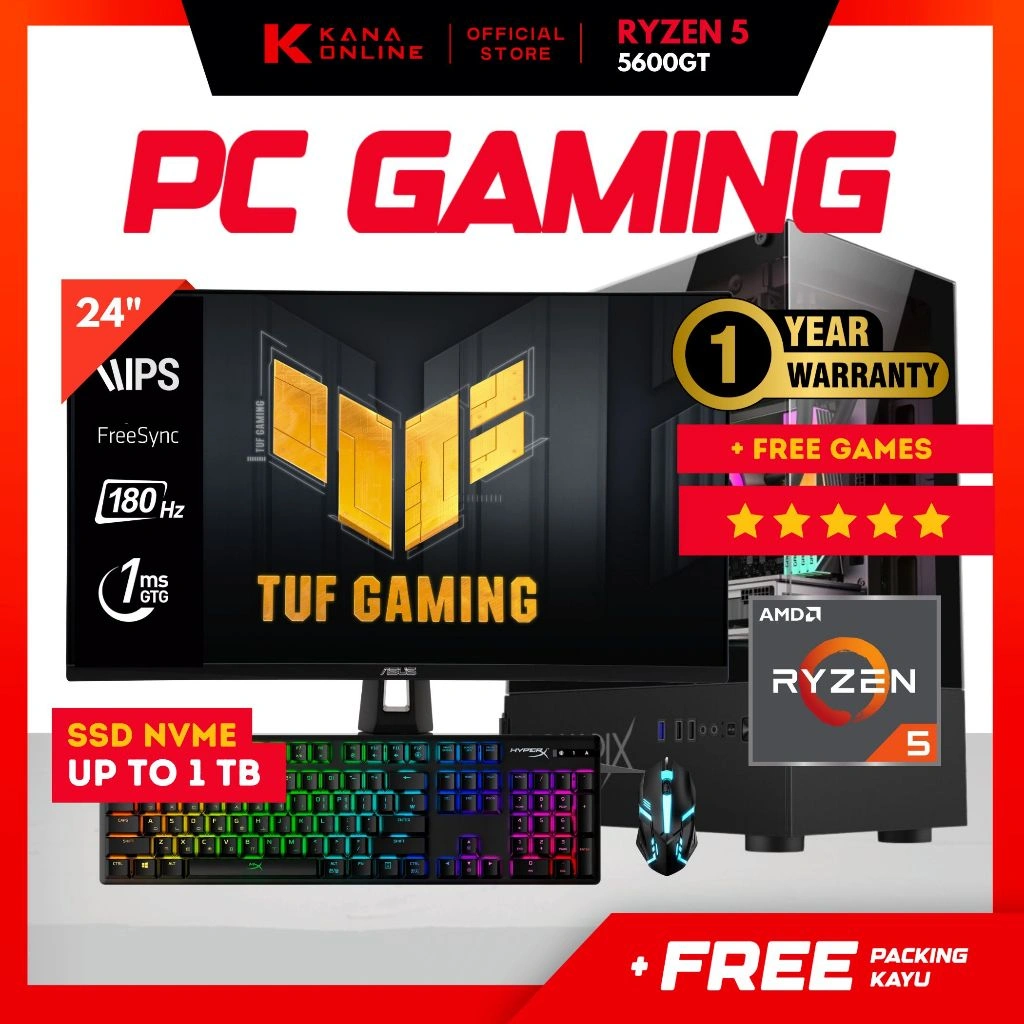PC Gaming Fullset AMD Ryzen 5 5600GT SSD 1 TB RAM 64GB  LED 24 inc Keyboard Mouse GAMING