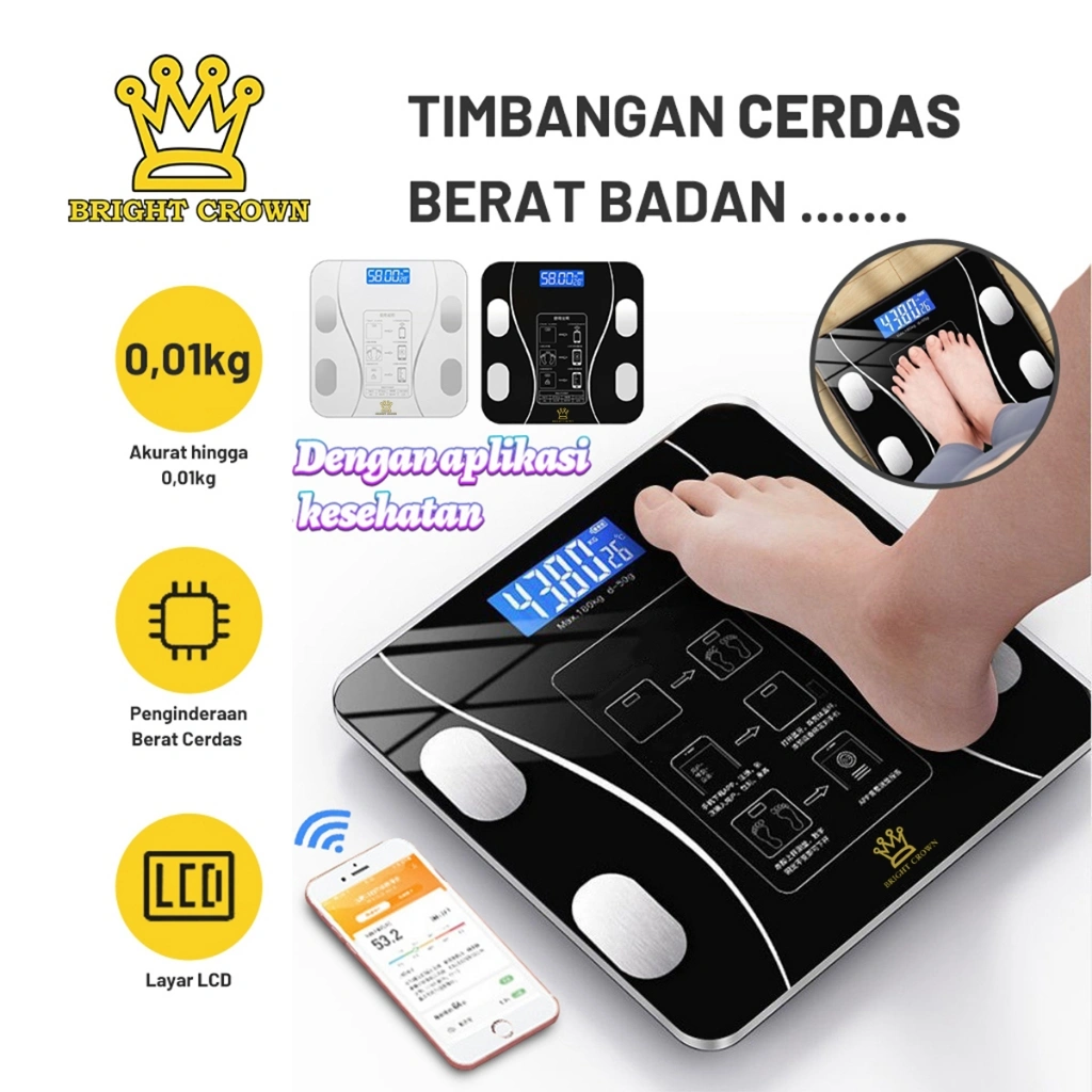 Bright Crown Timbangan Badan Digital Bluetooth 180KG Layar LCD / Smart Body Fat Scale Tempered Glass