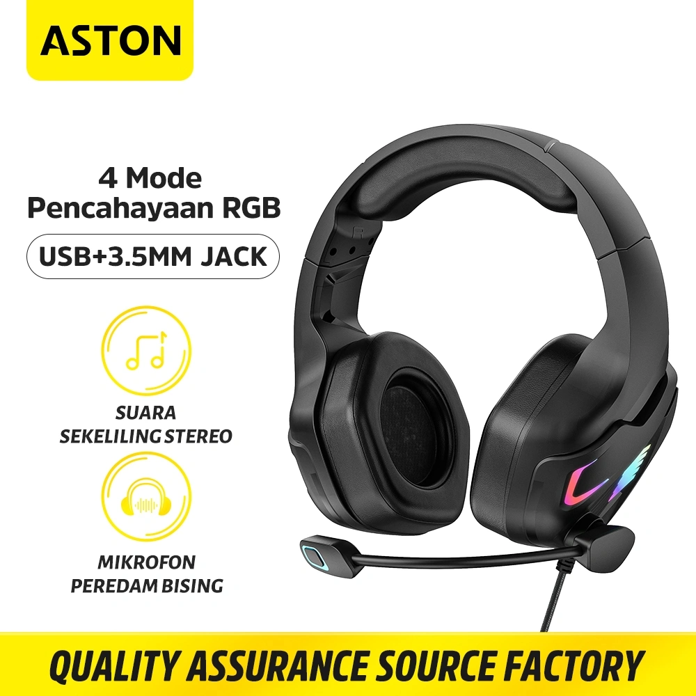 ASTON Headphone Gaming Profesional AT-MT126 With Mikrofon 4 Mode RGB USB+3.5MM Jack Black Original
