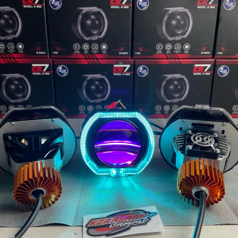 Lampu Projector Biled CR7 PRO 4,5 Inc Blue Lens 3 Inc Lensa Cahaya Flat Cut Dengan Kipas Pendingin