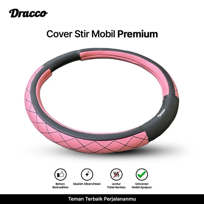 Cover Stir Mobil DRACCO Premium Motif Jahit Diamond – Anti Selip, Warna Black Pink Elegan Universal