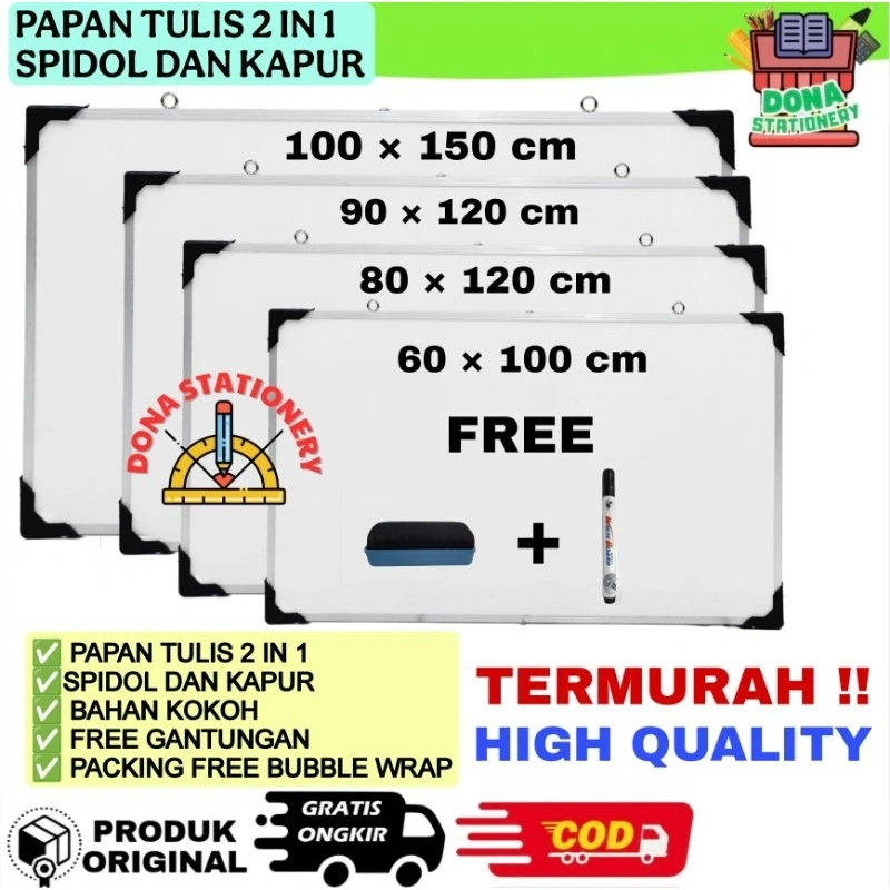 PAPAN TULIS JUMBO WHITEBOARD JUMBO 100×150 PAPAN TULIS 2 SISI SPIDOL DAN KAPUR