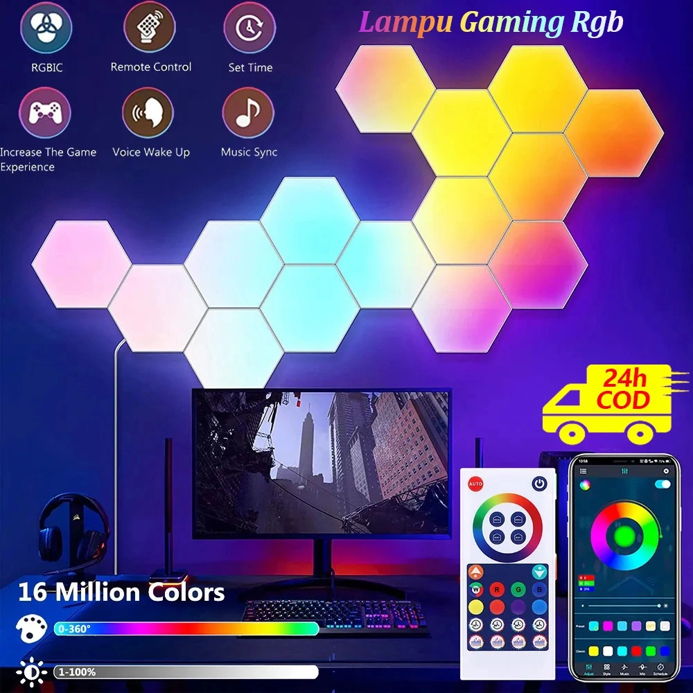 [Garansi 1 tahun] Remote Control Lampu Heksagonal RGB + Lampu Hias Dinding yang Dikendalikan Aplikasi Seluler 10 pcs