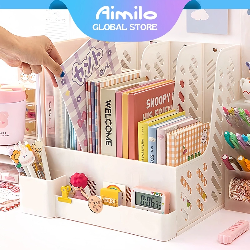 Aimilo Rak Buku Minimalis Aesthetic Tempat Buku Desktop Organizer File Serbaguna Box File Rak Buku Sekat