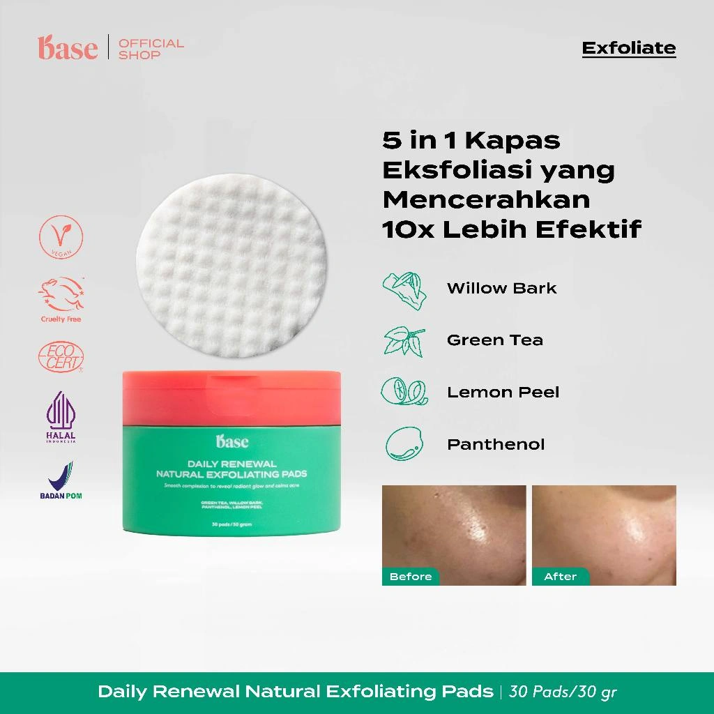 BASE Daily Renewal Natural Exfoliating Pads Mengangkat Kotoran & Sel Kulit Mati Tanpa Perih [BPOM]