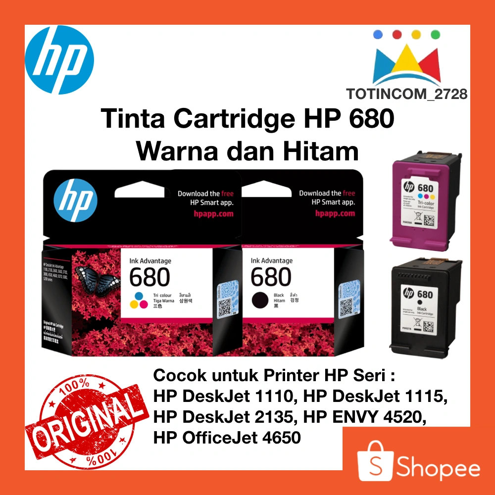 Tinta HAWLETT PACKARD 680 Black Original Hitam dan Warna untuk Printer HP 1115 2135 3635 3835