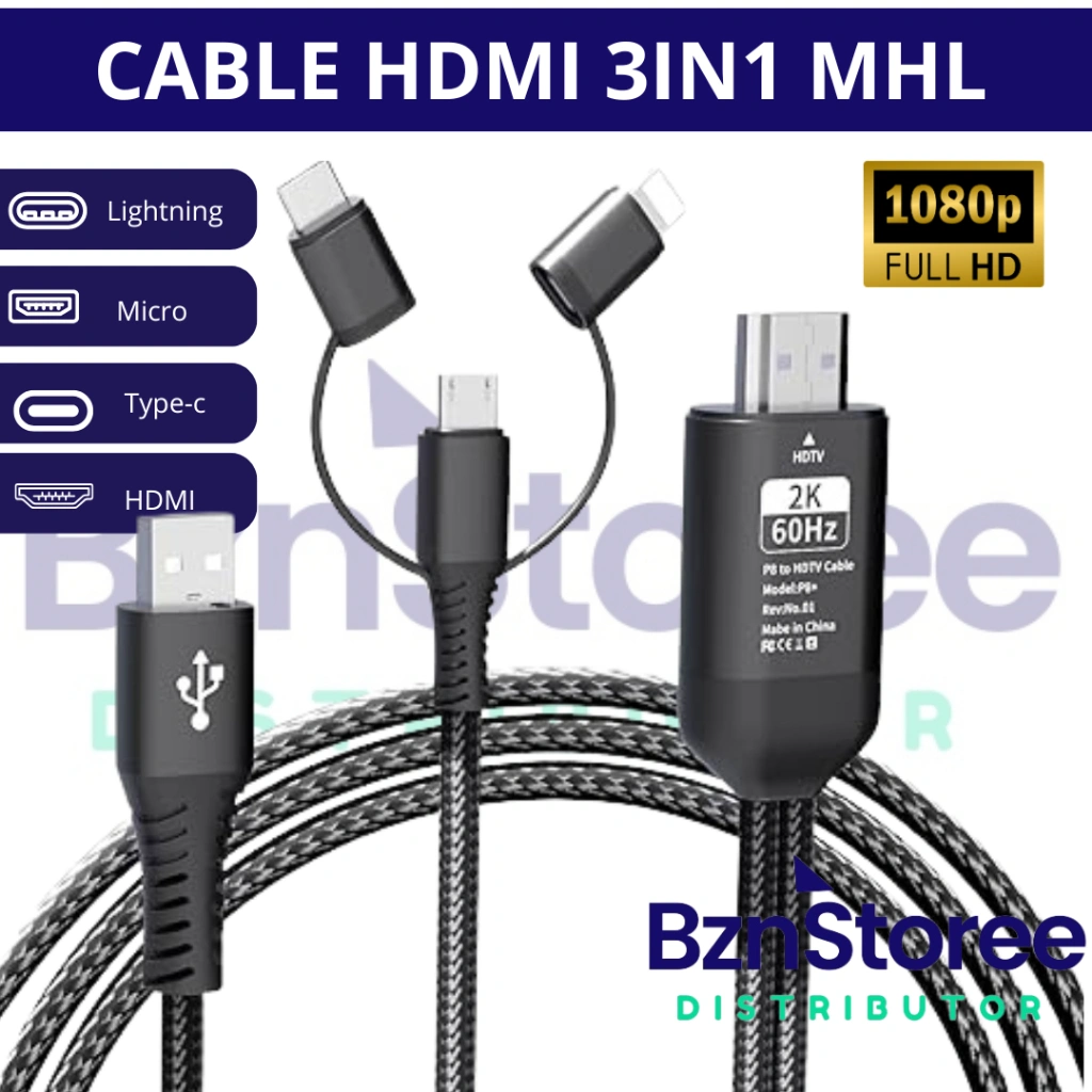 Kabel HDMI ke Type C USB/Micro/Lightning Converter 3in1 2M /Kabel MHL converter micro Usb to HDMI HP Android ios ke TV dan Type C ke HDTV /Kabel MHL 3 in 1 HP Android IOS ke TV HDTV HDMI Micro USB Type C Iphone Lightning Converter /Kabel Smartphone 3in1