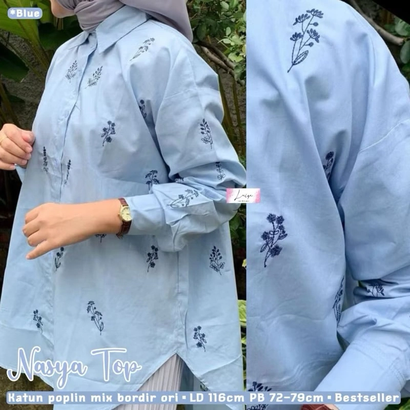 Nasya Top Kemeja Blouse Wanita Motif Bordir Bunga Premium Kekinian Terbaru Asli Cantik