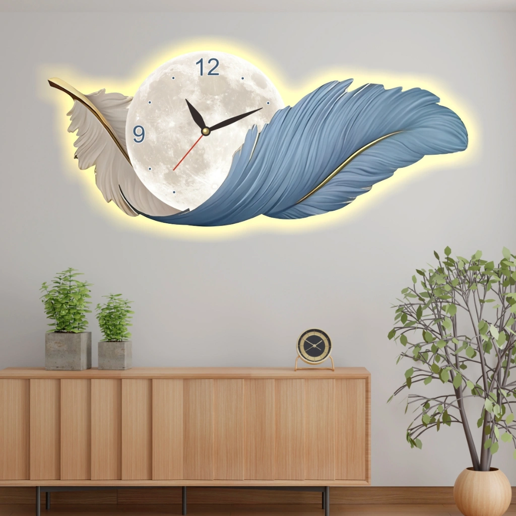 JAM DINDING UKIR MINIMALIS MODERN BENTUK BULU LAMPU LED WALL DECOR RUANG TAMU IR3