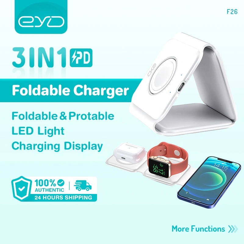 EYD Wireless Charger 3 In 1 Magsafe Charger Fast Charging Safety Foldable Portable Charger or Phone Holder for TWS/Watch/Phone F26