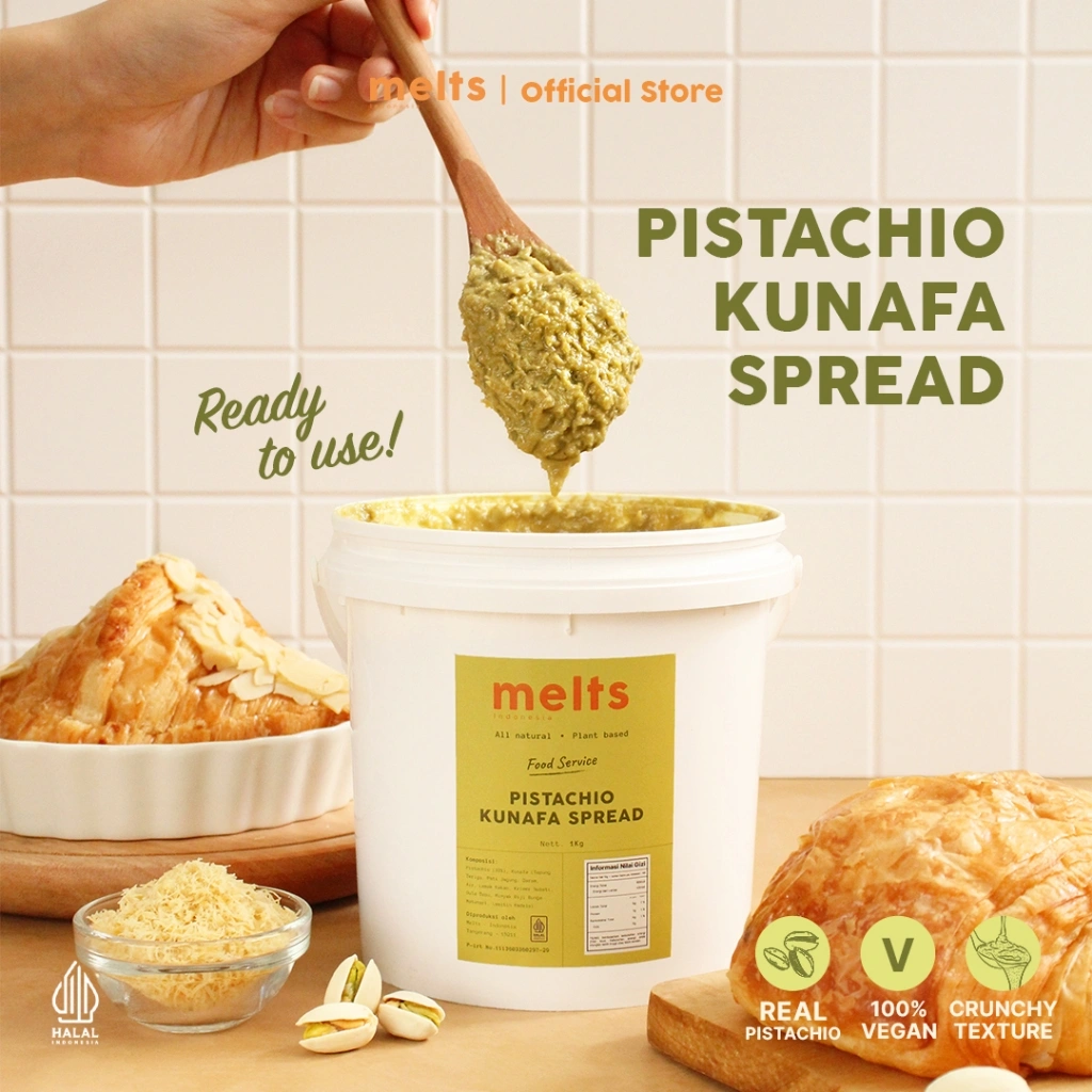 Melts Pistachio Kunafa Spread 1 kg | Selai kacang Plant Based Vegan untuk Roti Bahan Kue Baking Pastry Topping