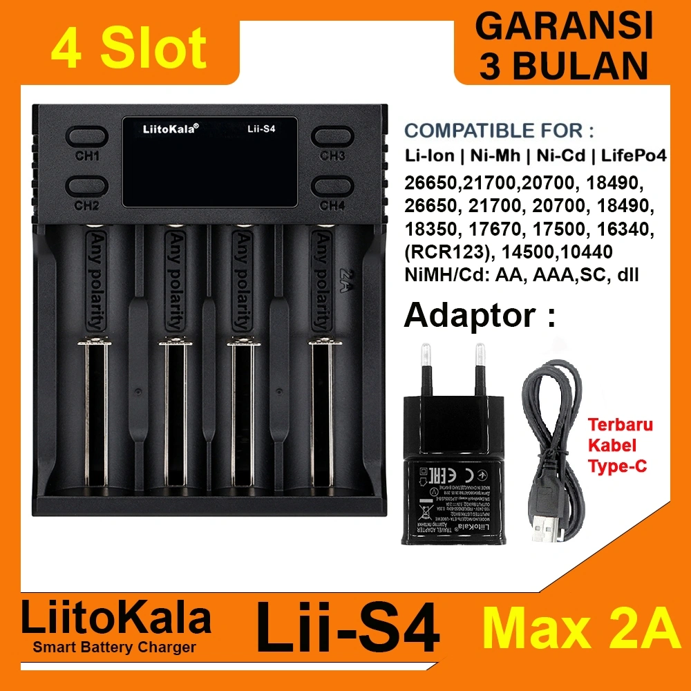 LiitoKala Lii-S4 Charger Baterai Fast Charging 2A Li-Ion LiFePO4 NiMH/NI-Cd 18650 26650 21700 AA AAA C dll