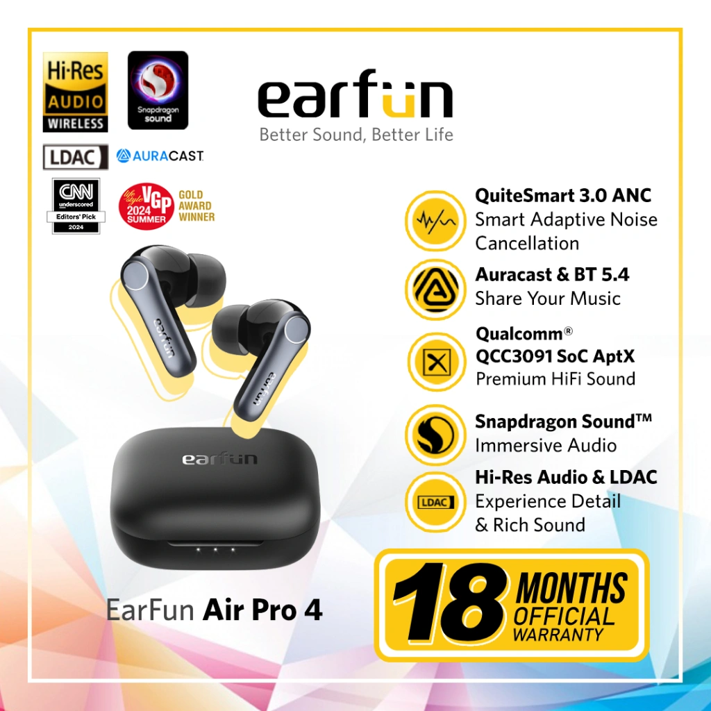 EarFun Air Pro 4 - Black - ANC TWS with Snapdragon LDAC Audio & Auracast