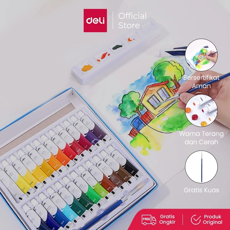 Deli Water Color Paint / Cat Air Set 5 ML Bersertifikat Aman Gratis Kuas 738XX