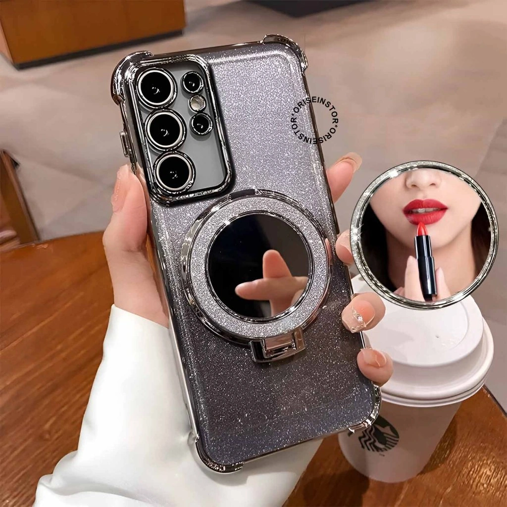 New! Deluxe Luxury Quicksand Glitter Case With Magsafe Mirror Stanbable - Softcase / Casing Hp Compatible For Samsung A17 A34 A35 A36 A54 A55 A56 S23 S24 S25 S26 FE Plus S25 Ultra Mirror Case Shinny Bling Clear Plating SoftCase Back Cover SAM18