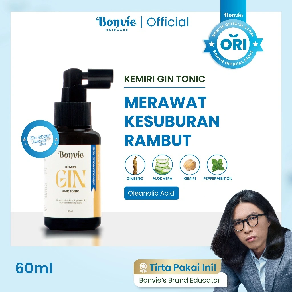 Bonvie Anti Hairfall Kemiri Gin Hair Tonic (60ml) with Oleanolic Acid, Biotin, Ginseng, Kemiri, Peppermint & Aloe Vera
