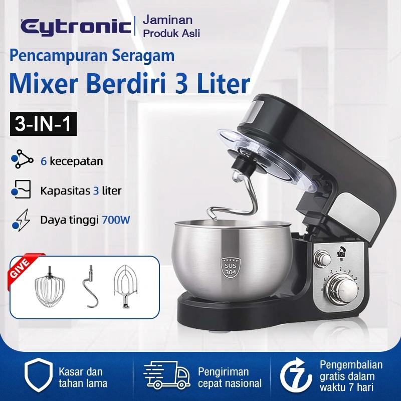 [Eytronic]Mixer berdiri 3 liter 600 watt yang kuat dari baja tahan karat - mixer kecil 6 kecepatan dengan mangkuk berputar, pengait adonan, dan perangkat anti-tumpahan untuk memanggang/pasta.