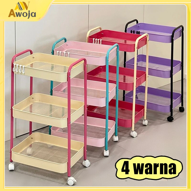 Trolly Rak Penyimpanan 3 Tingkat/4 Tingkat Warna Macaron Susun Storage Rak Steel Multifungsi Dengan Roda Perlengkapan Rumah Tangga Storage Trolley Wheels Rack CXW