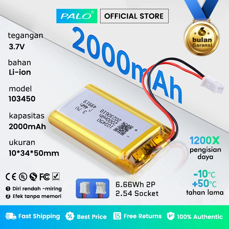 PALO Baterai Universal battery 103450 10*34*52mm 3.7V Li-ion 2000mAh Perekam mengemudi, speaker Bluetooth, mesin cerita pendidikan awal Baterai tahan ledakan yang aman