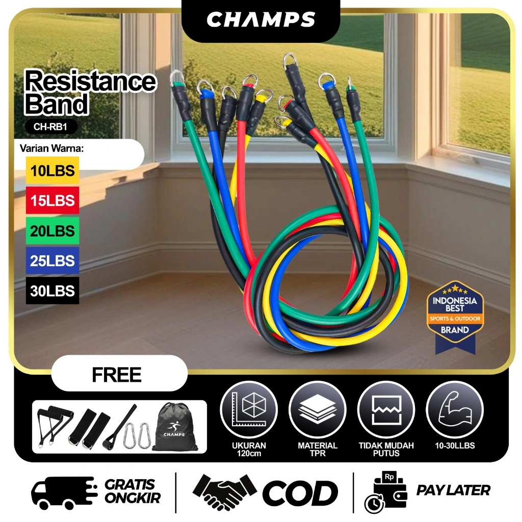 CHAMPS Resistance Band 11 in 1 Murah – Alat Fitness Murah Lengkap Karet Elastis untuk Latihan Rumah