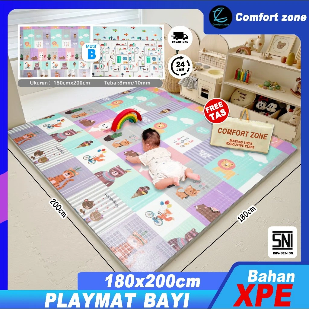 【Comfort Zone】Playmate Bayi Matras Bayi Lipat XPE 180x200cm - Karpet Main Anak Anti Slip + Tas Portable, Aman & Nyaman untuk Ruang Bermain