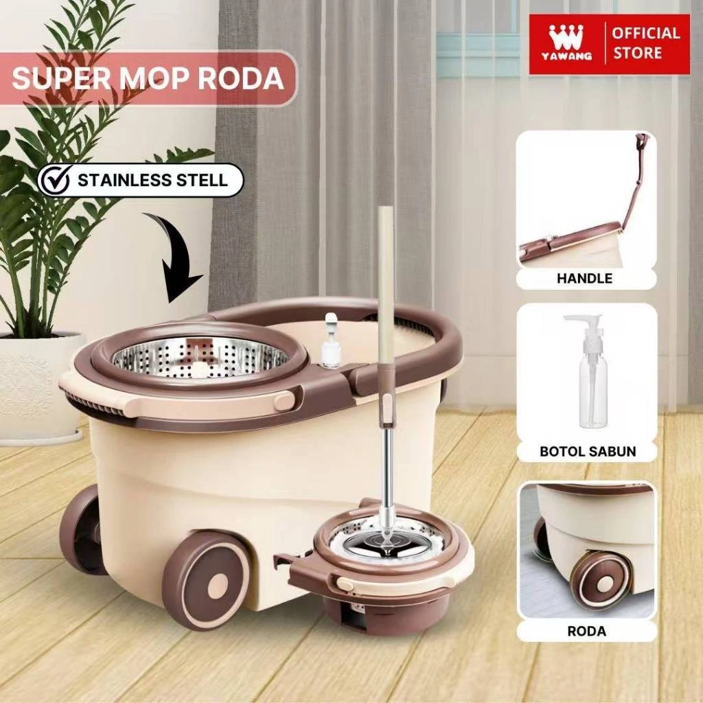 YAWANG Indonesia Alat Pel lantai putar dengan Roda lantai praktis otomatis dengan ember multifungsi Alat Pel lantai stainless Spin Mop 360° Ultra Alat Pembersih Lantai