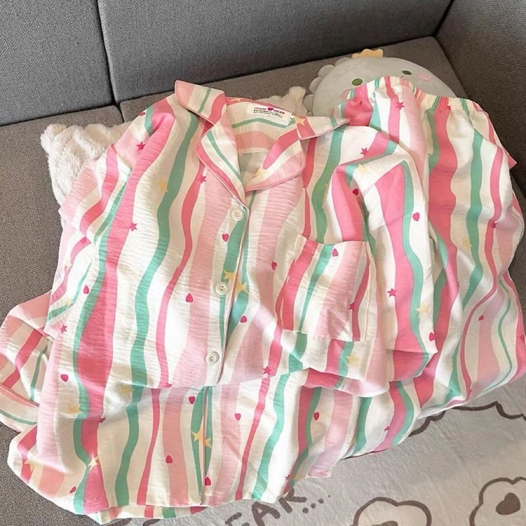 Markas Fashion Piyama 3in1 Wanita Celana Pendek Panjang Baju Tidur Lucu Cringkel Katun Organik Setelan Lembut Viral