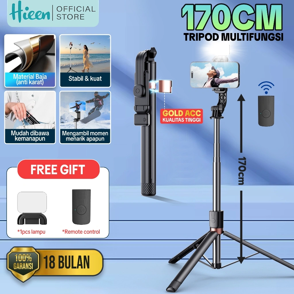 Hieen Tripod 170cm Selfie Stick LED Light Remote Bluetooth 170cm Multifungsi Tongkat Selfie Stainless Steel TP18